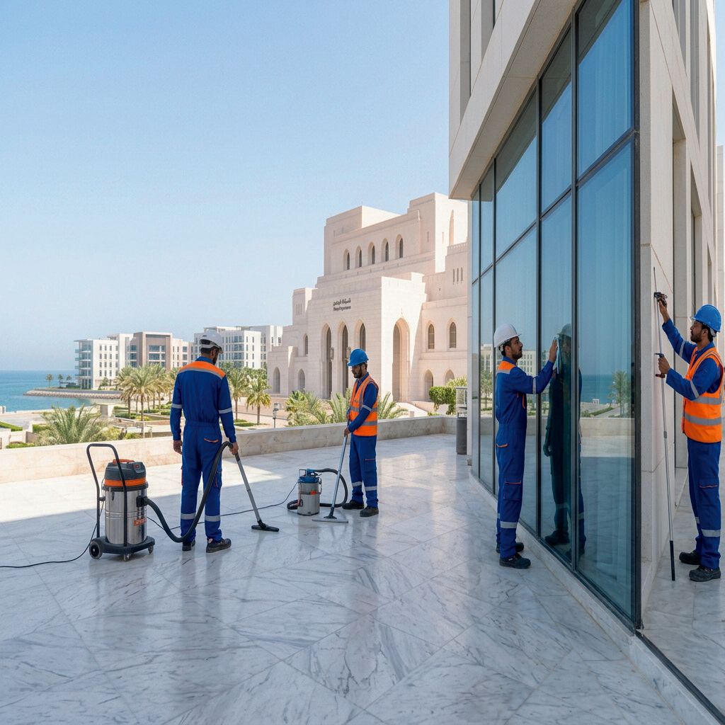فريق ترميم ينظف الأرضيات الرخامية والواجهة الزجاجية لمبنى عُماني أبيض بمعدات حديثة